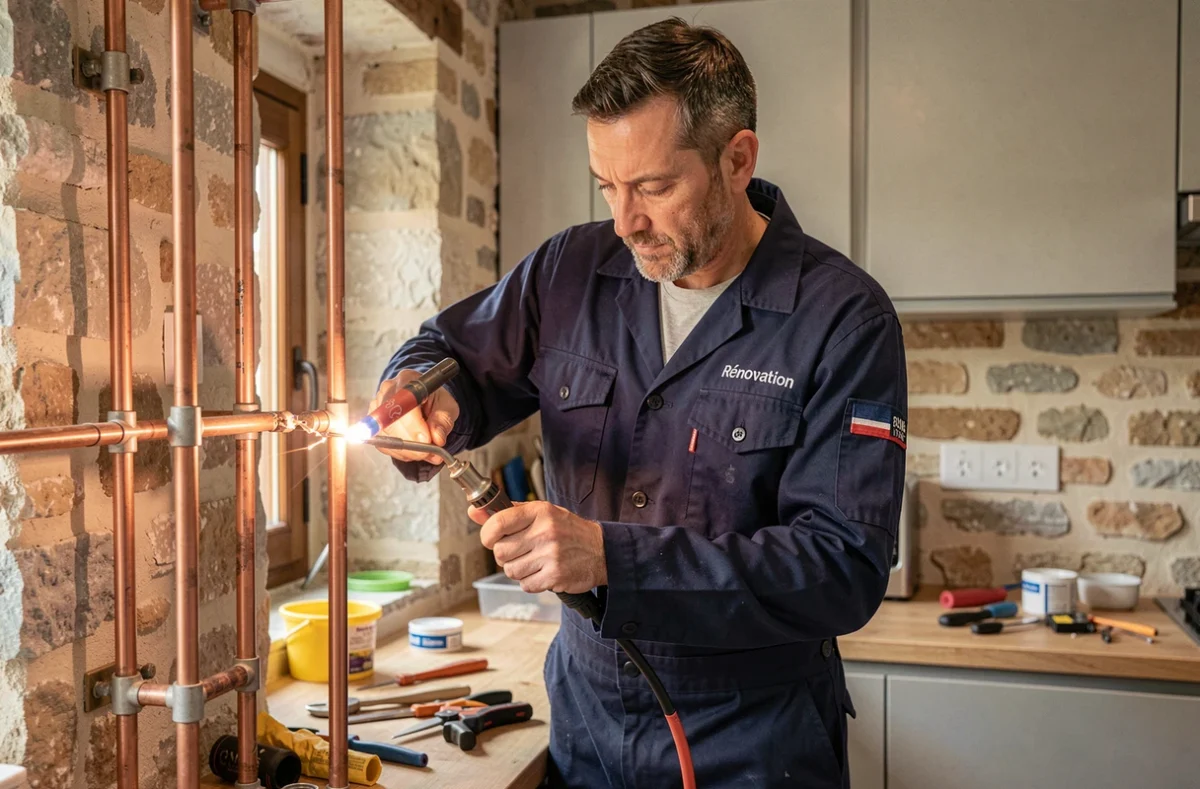 Technicien A2M Rénovation soudant des tuyaux en cuivre dans une cuisine rénovée avec murs en pierre apparente à Avignon