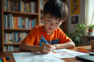 Adolescent coloriant un livre Dragon Ball avec des marqueurs Copic et crayons de couleur sur un bureau en bois