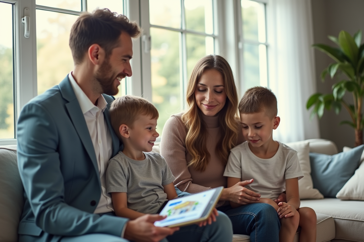Agent immobilier montrant un tableau numérique à une famille dans un salon lumineux