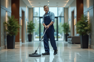 Agent de nettoyage dans un hall moderne et élégant