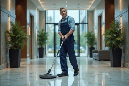 Agent de nettoyage dans un hall moderne et élégant
