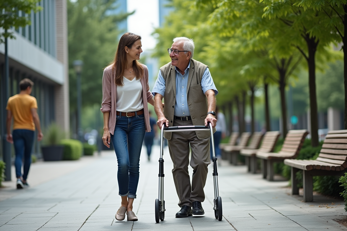 Femme aidant un homme âgé dans un parc urbain