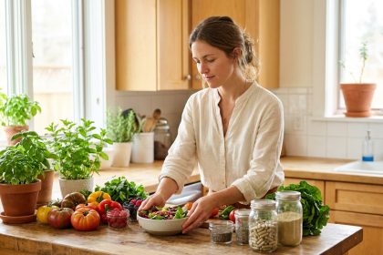 Femme préparant un repas sain avec légumes frais et compléments naturels dans une cuisine moderne en bois