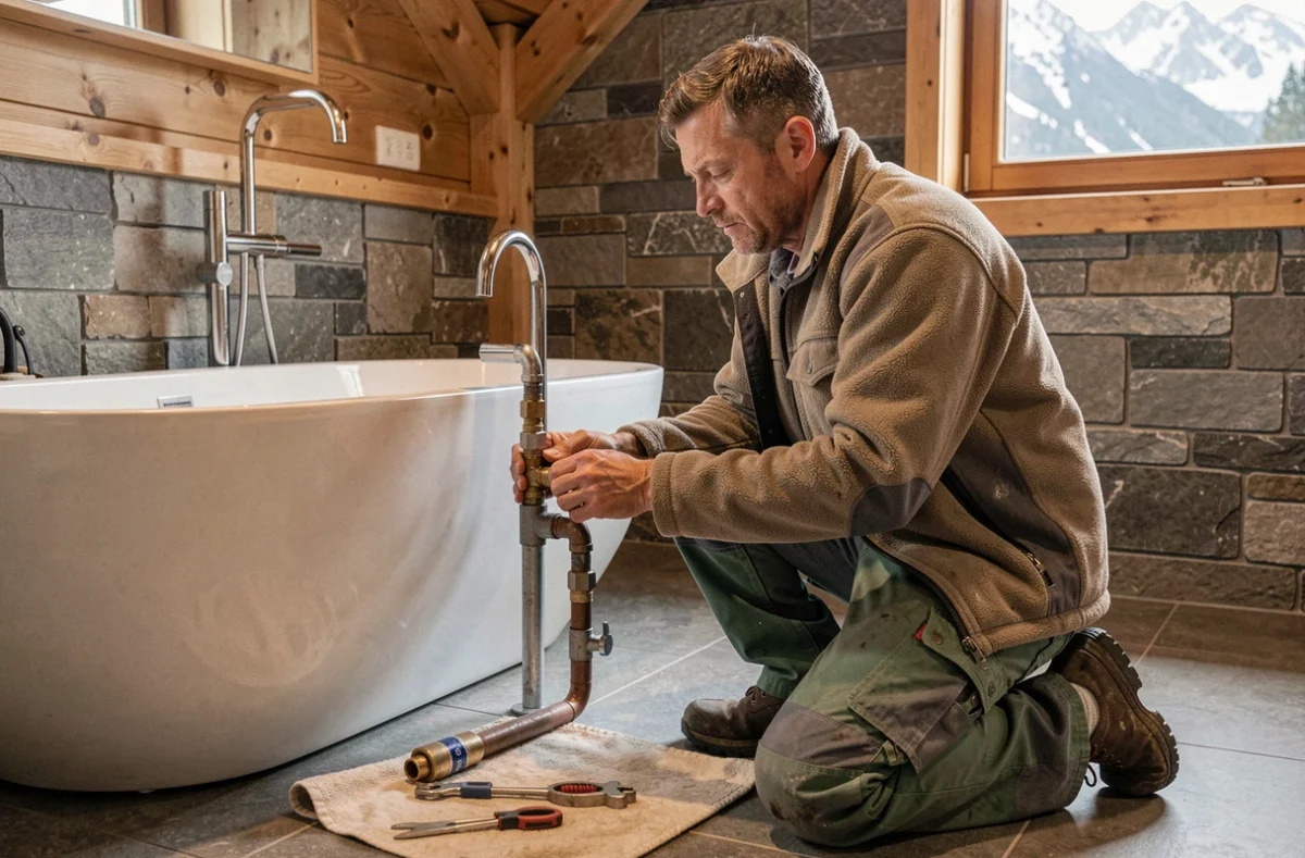 Plombier Alpes Plomberie installant des raccords sous une baignoire dans une salle de bain au style chalet avec bois et pierre
