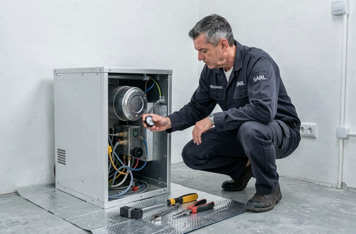 Technicien d'Amice Chauffage Maintenance SARL effectuant une maintenance de chauffage dans le 22