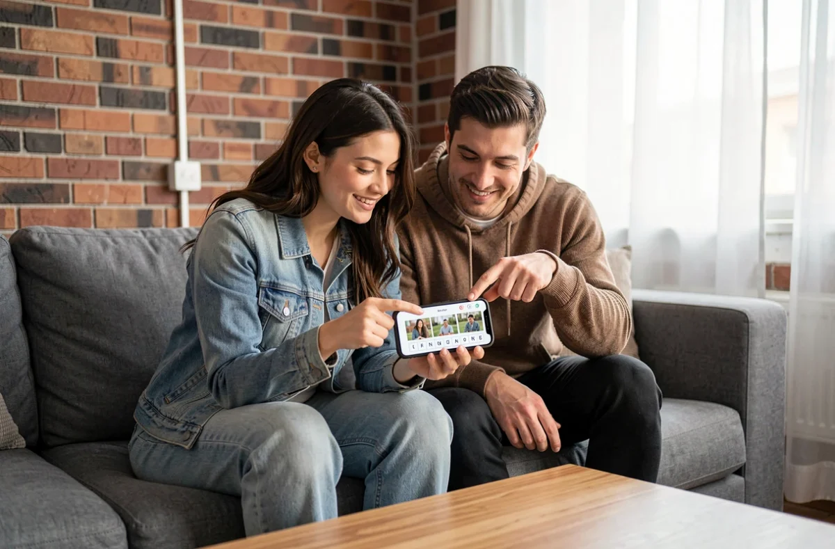 Deux amis cherchant ensemble la réponse en 9 lettres au jeu 1 Mot 4 Images sur smartphone dans un salon moderne