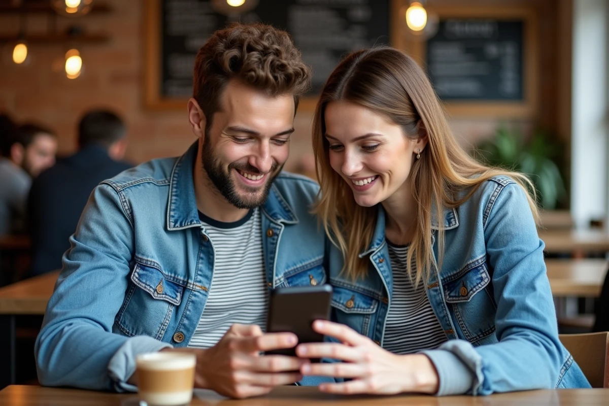 Deux amis discutant d'un webtoon sur smartphone dans un café urbain branché