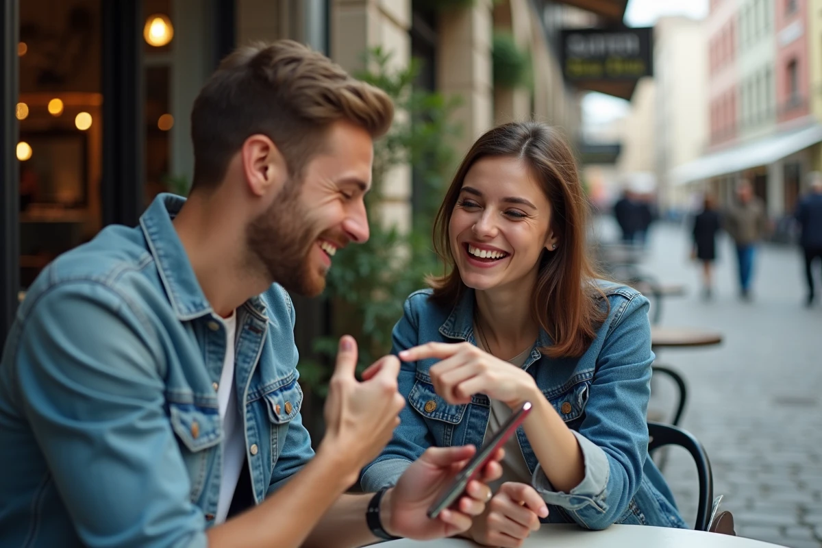 Deux amis partageant un smartphone en terrasse de café pour jouer à Monopoly GO et gagner des récompenses gratuites