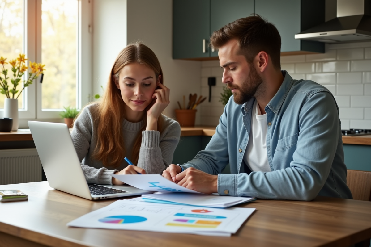 Jeune femme et homme analysant finances ensemble à la maison