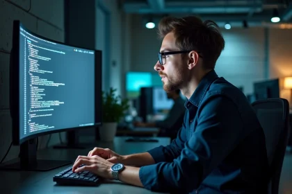 Analyste en cybersécurité travaillant sur une base de données d'adresses IP suspectes et de scripts de sécurité réseau