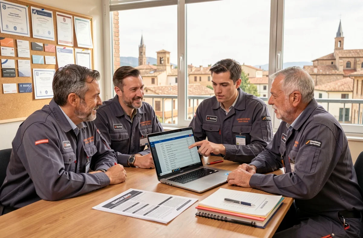 Groupe d'artisans plombiers professionnels consultant un annuaire BTP en ligne dans un bureau à Avignon