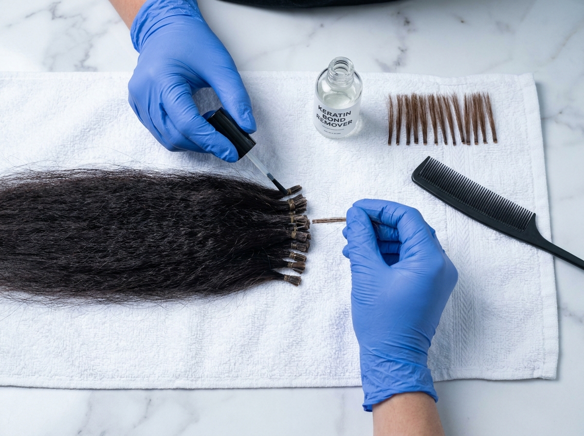 Gros plan sur l'application d'un dissolvant pour extensions de cheveux à kératine sur une surface de salon