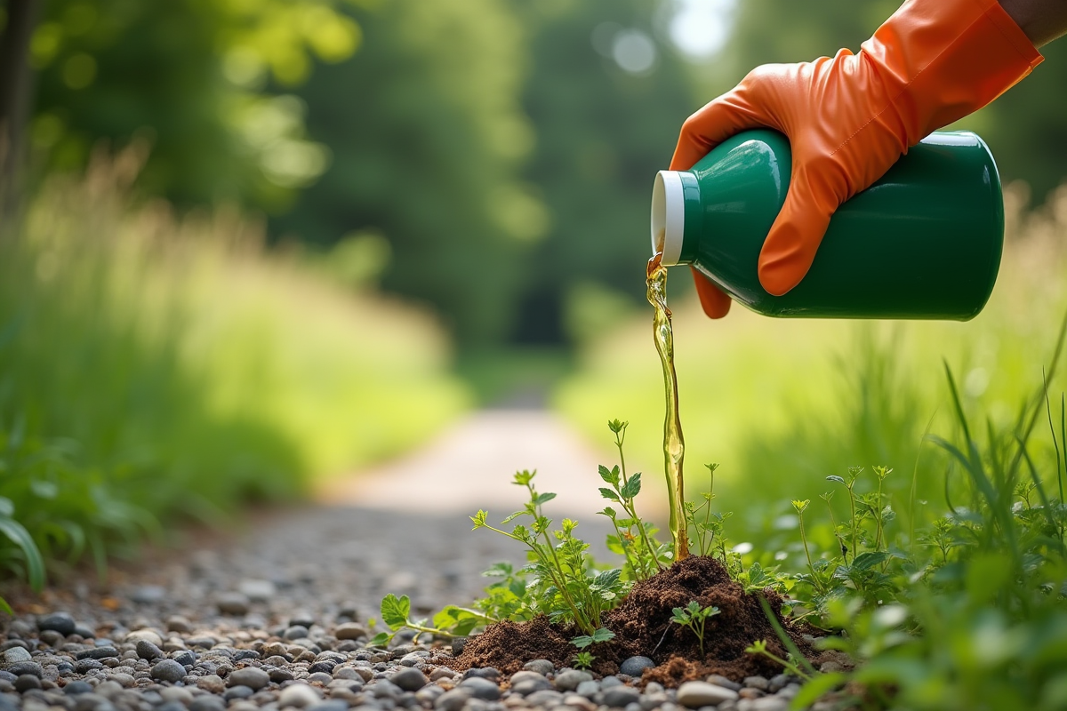 Main gantée versant un liquide sur des mauvaises herbes