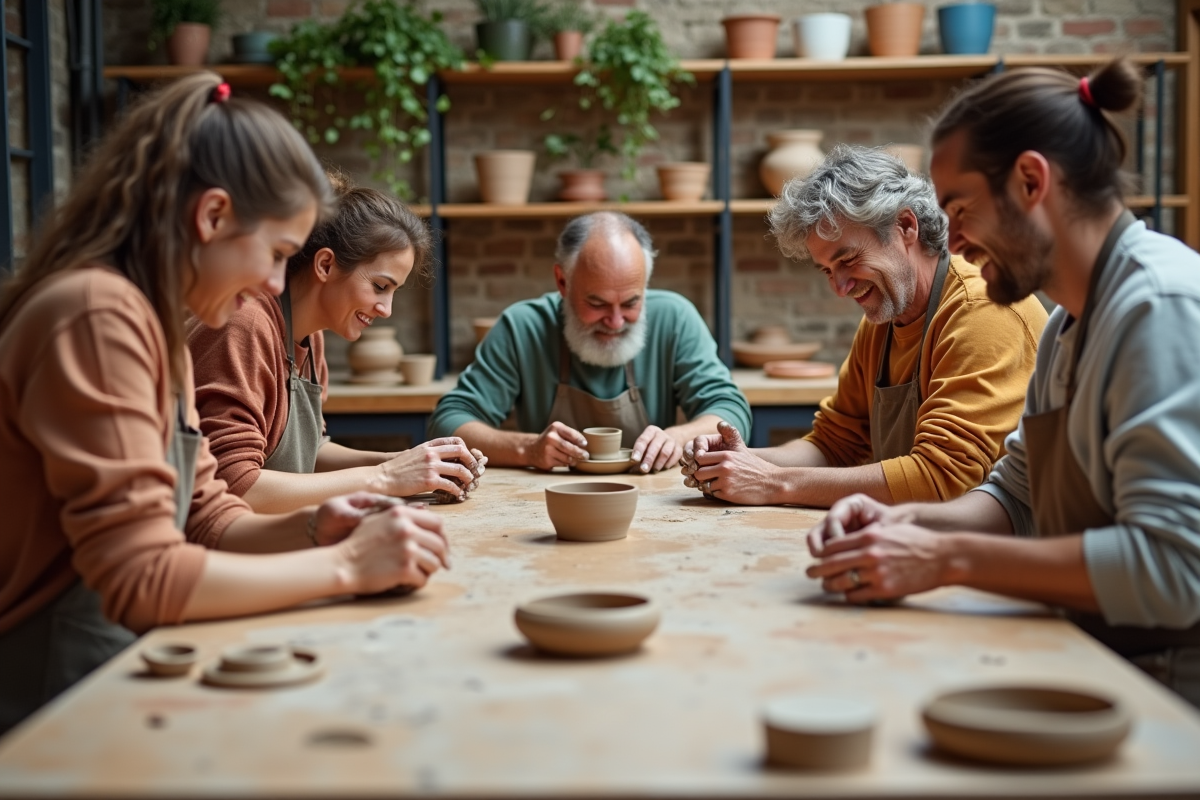 Groupe d'adultes créant des céramiques dans un atelier parisien