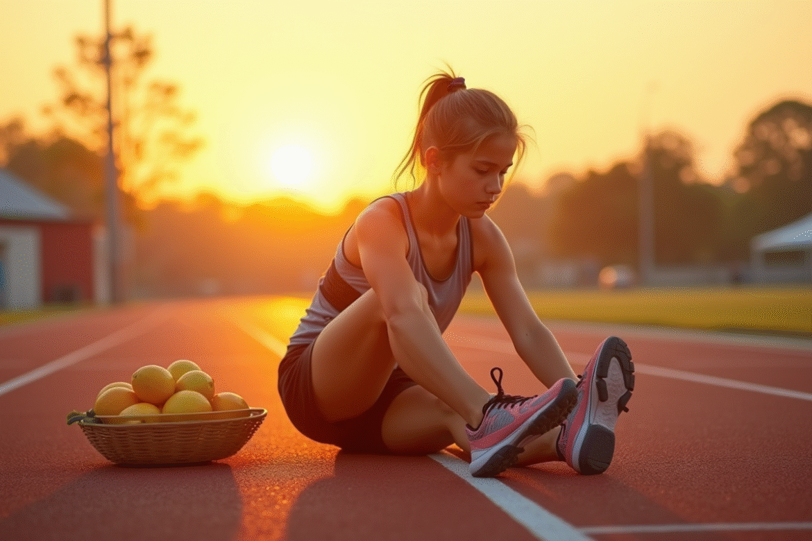 Jeune athlète s'étirant sur une piste au lever du soleil