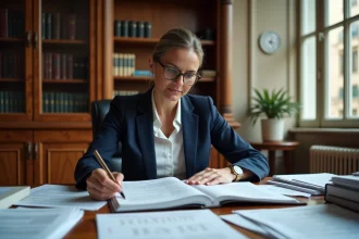 Fonctionnaire attachée hors classe analysant des grilles salariales comparatives dans un bureau administratif officiel