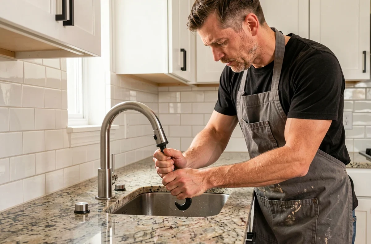 Artisan d'Au Bonheur installant un robinet dans une cuisine aménagée à Trégueux
