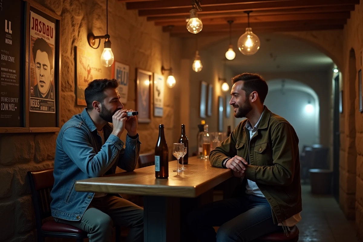 Deux hommes profitant d'une session jazz improvisée dans un bar cave typique du Vieux-Lyon en soirée