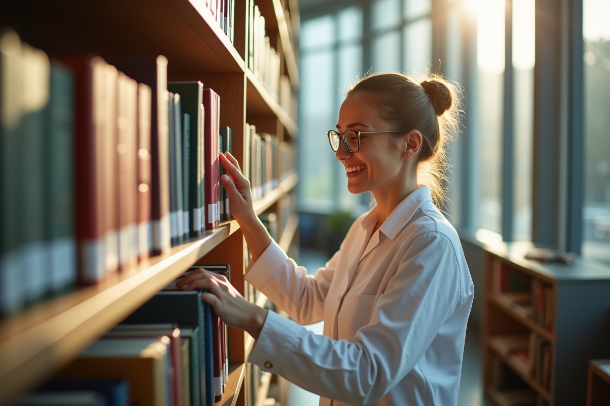 Bibliothecaire souriante organisant des livres dans une bibliothèque lumineuse