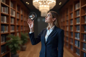 Femme contemplant un chandelier en bibliothèque moderne
