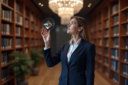 Femme contemplant un chandelier en bibliothèque moderne