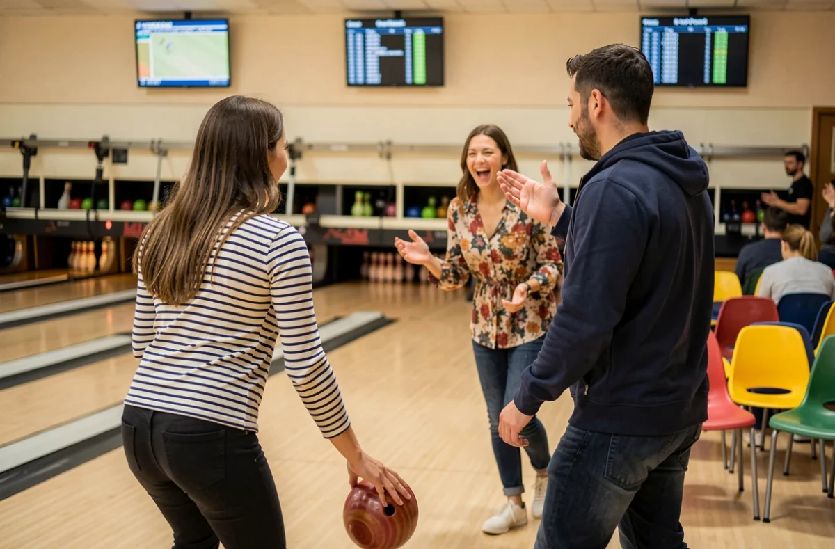 Groupe de personnes jouant au bowling dans une salle de loisirs à Cholet pour une sortie entre amis