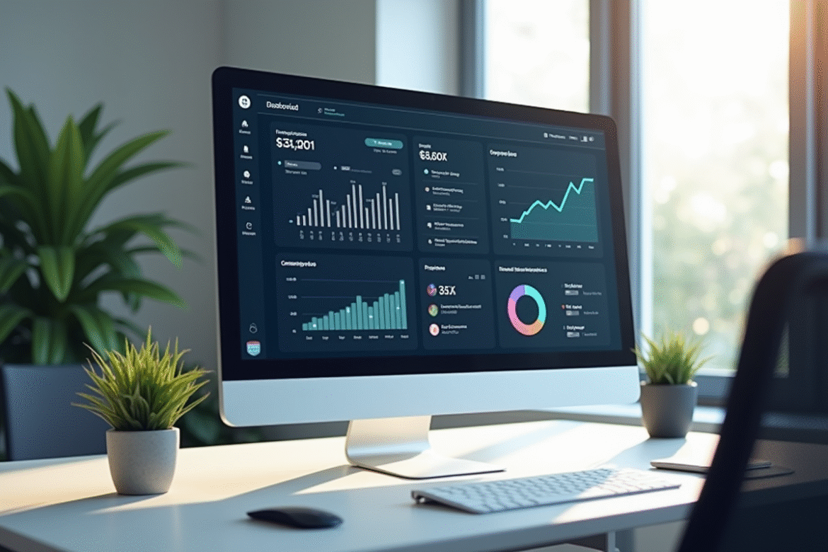 Espace de bureau moderne avec écran affichant un tableau de bord professionnel