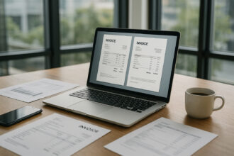 Photo d'un bureau moderne avec un ordinateur affichant des factures numériques