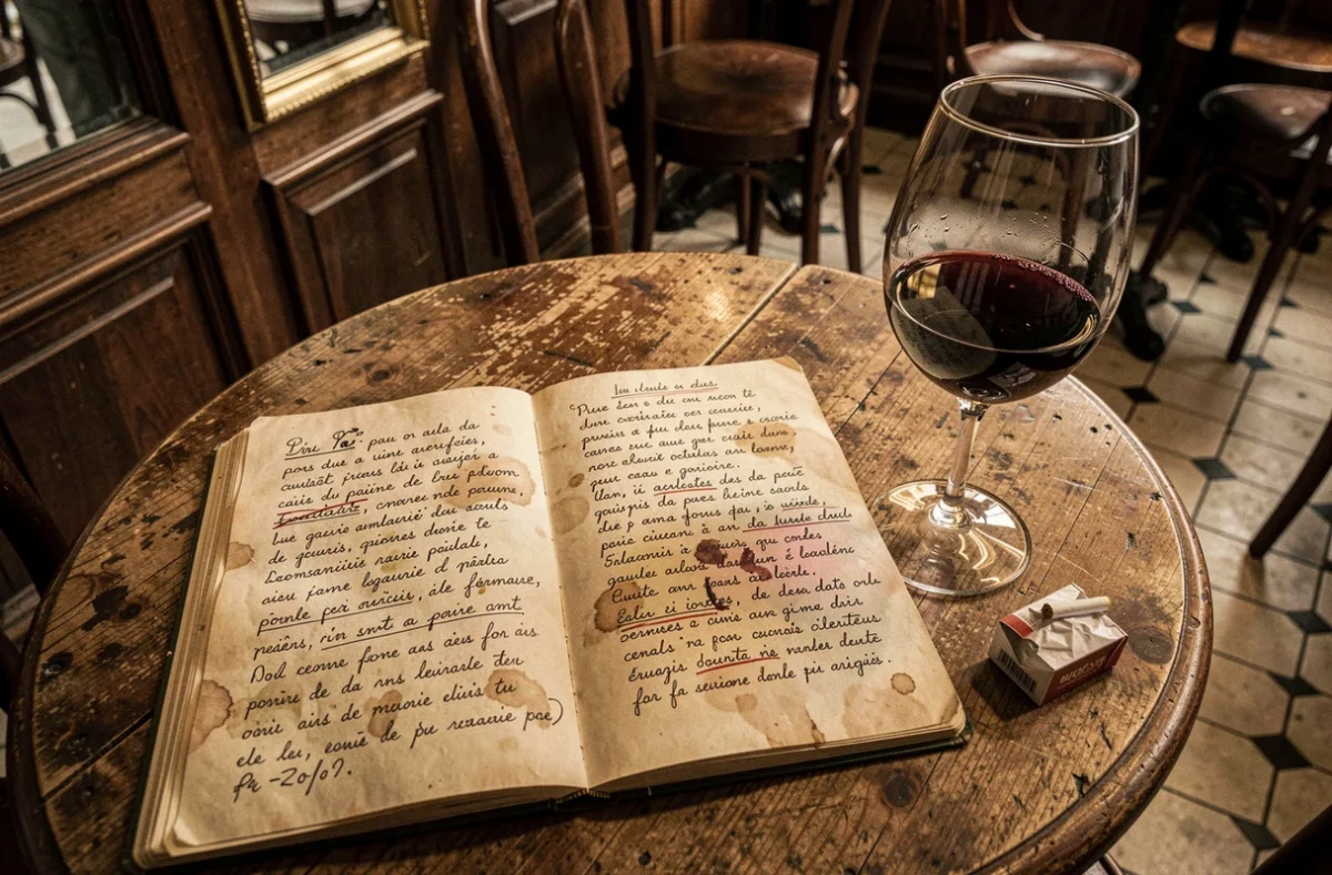 Carnet de paroles manuscrites d'un auteur-compositeur français posé sur une table de café parisien avec un verre de vin rouge, ambiance chanson française
