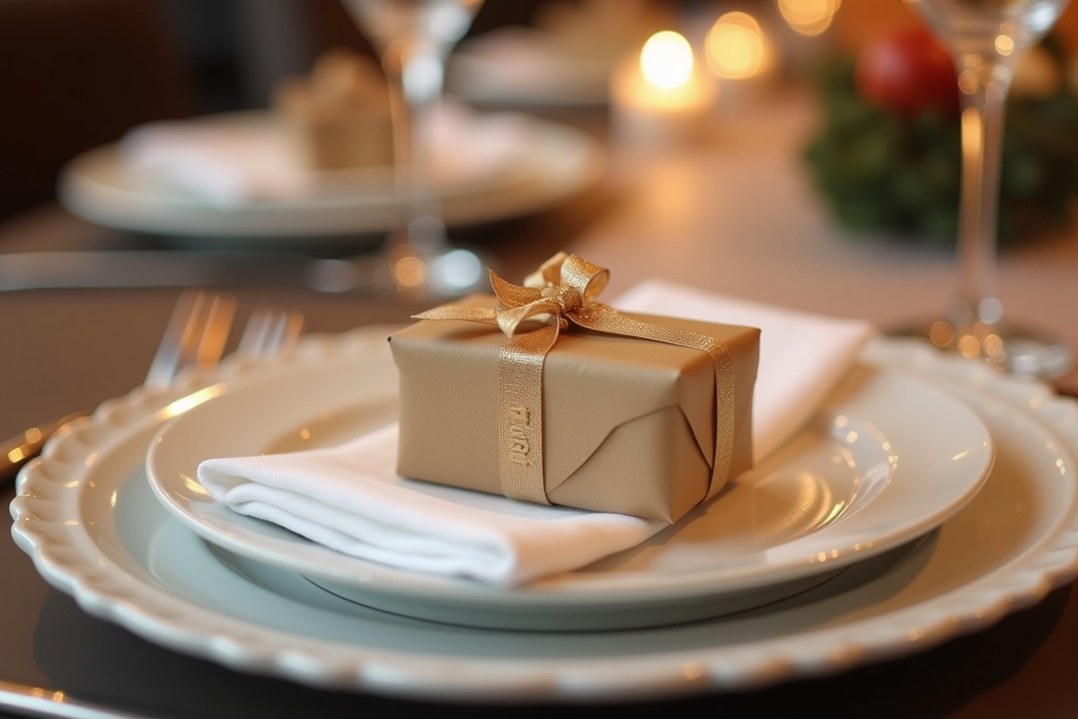 Carte cadeau restaurant joliment emballée sur une nappe blanche