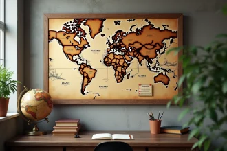 Carte du monde en bois avec des repères indiquant des pays commençant par la lettre F, posée dans un bureau vintage avec des livres de géographie