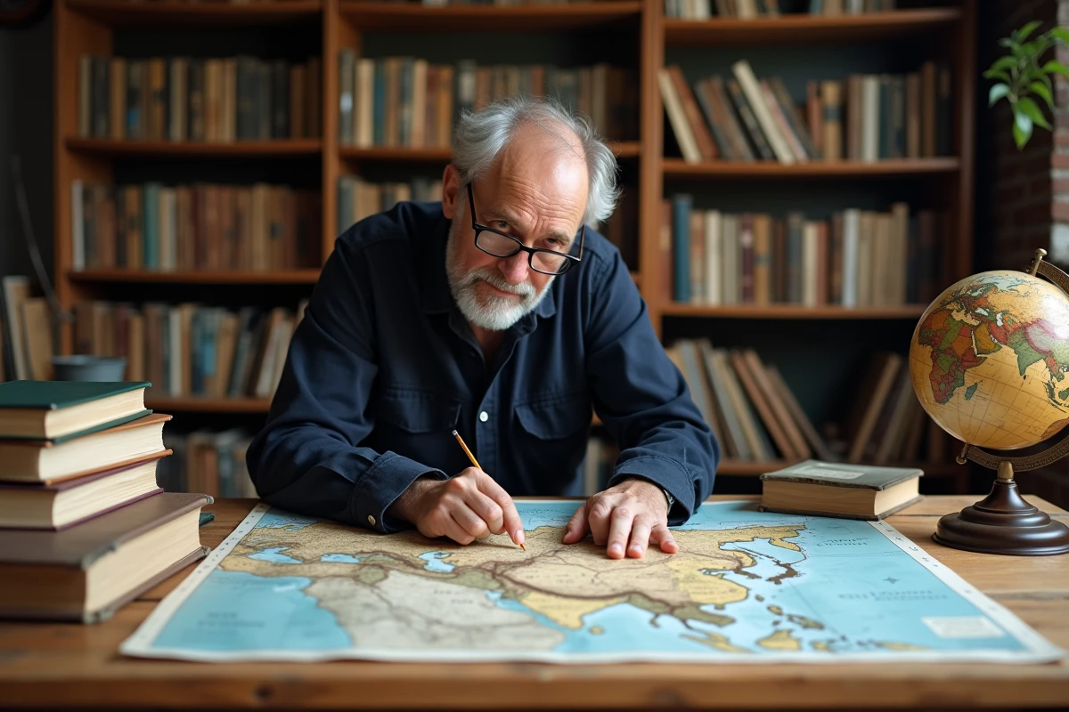 Cartographe examinant une grande carte physique de la Russie et de ses régions, illustrant l'étendue géographique du plus grand pays du monde