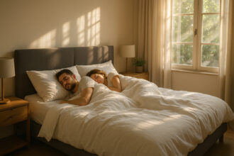 Photo hyperrealiste d'une chambre cosy avec lit double et soleil