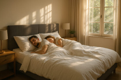Photo hyperrealiste d'une chambre cosy avec lit double et soleil