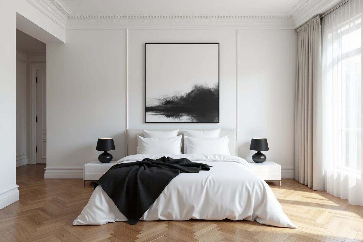 Chambre parentale décorée en noir et blanc avec literie en coton blanc, jeté en lin noir et œuvre d'art abstraite au-dessus du lit
