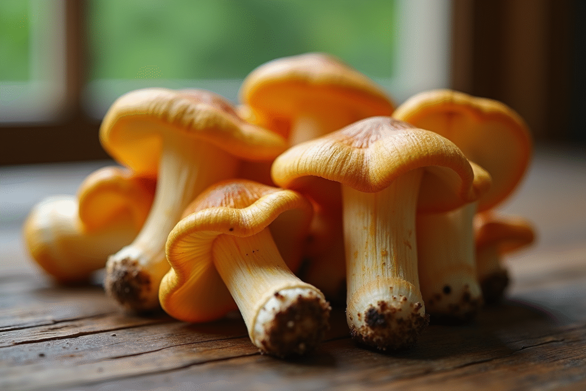 Main de chanterelles fraîches sur table en bois