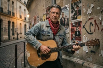 Chanteur français style Renaud en veste en jean et bandana rouge, tenant une guitare acoustique usée dans une ruelle parisienne, ambiance nostalgique