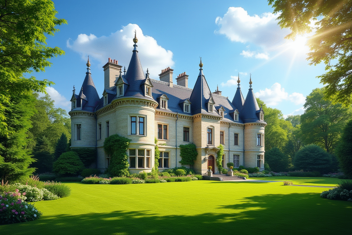 Château français élégant entouré de jardins verdoyants sous un ciel bleu