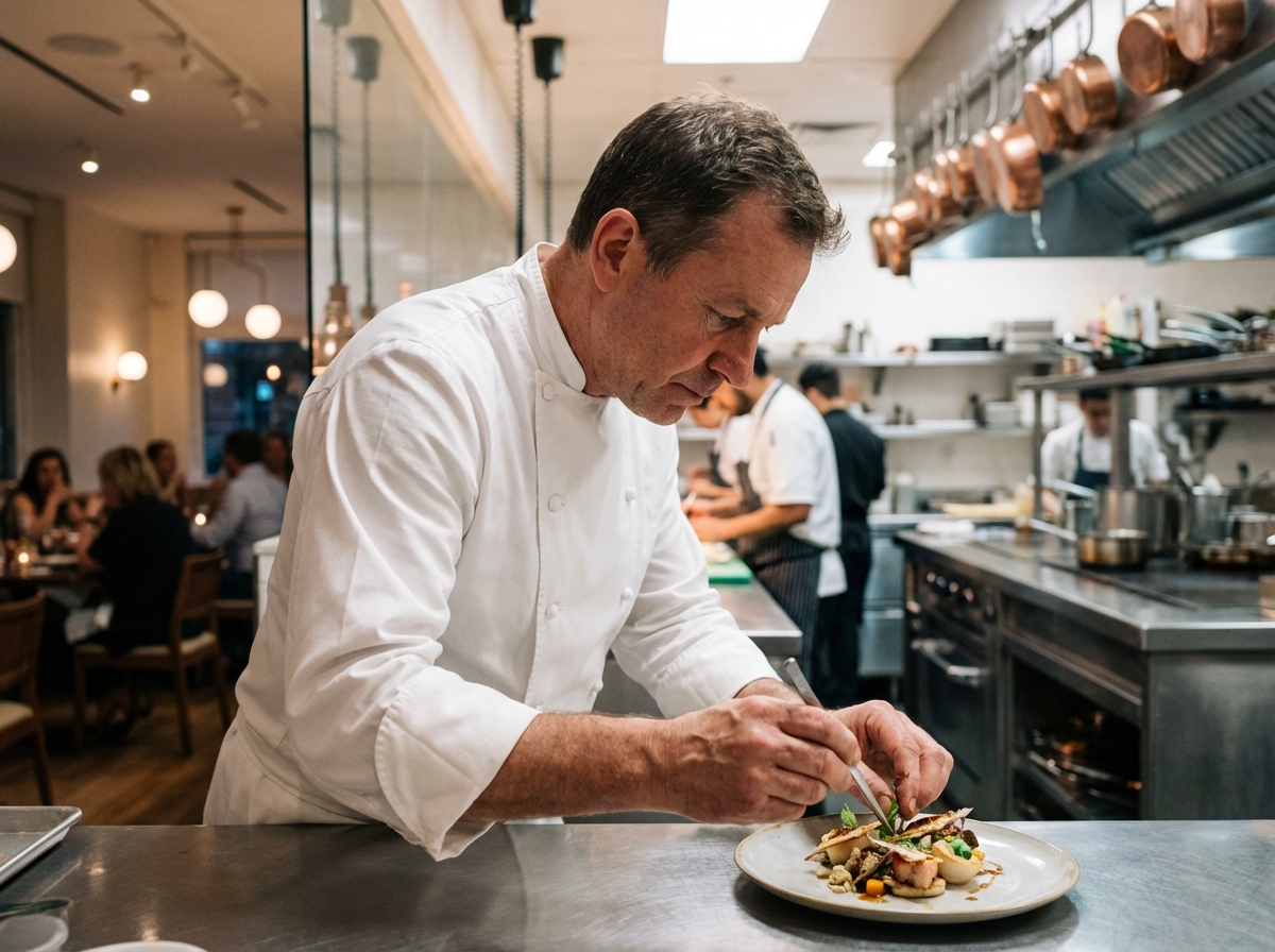 Chef en cuisine préparant un plat dans un restaurant parisien