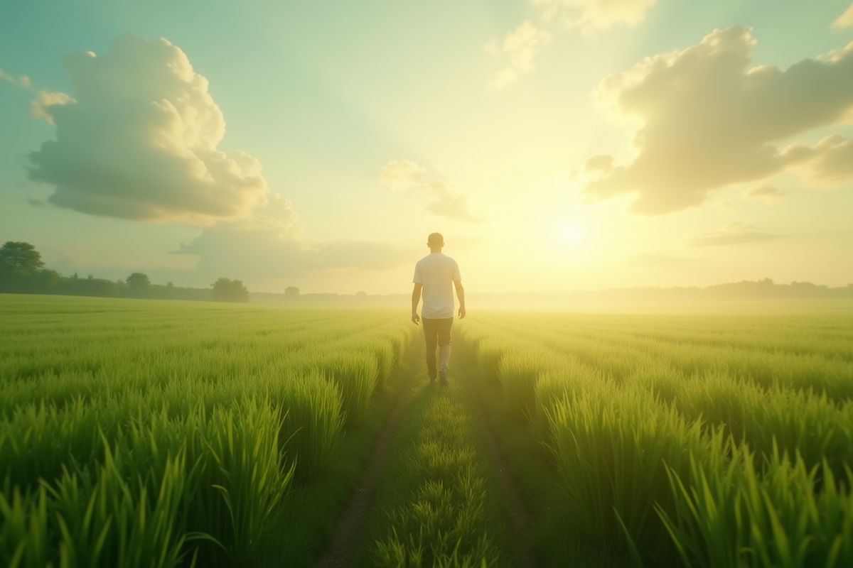 Personne marche dans un champ au lever du soleil symbolisant l