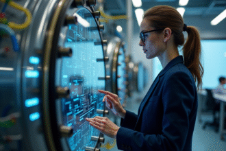 Femme en blazer navy utilisant un ordinateur quantique dans un laboratoire