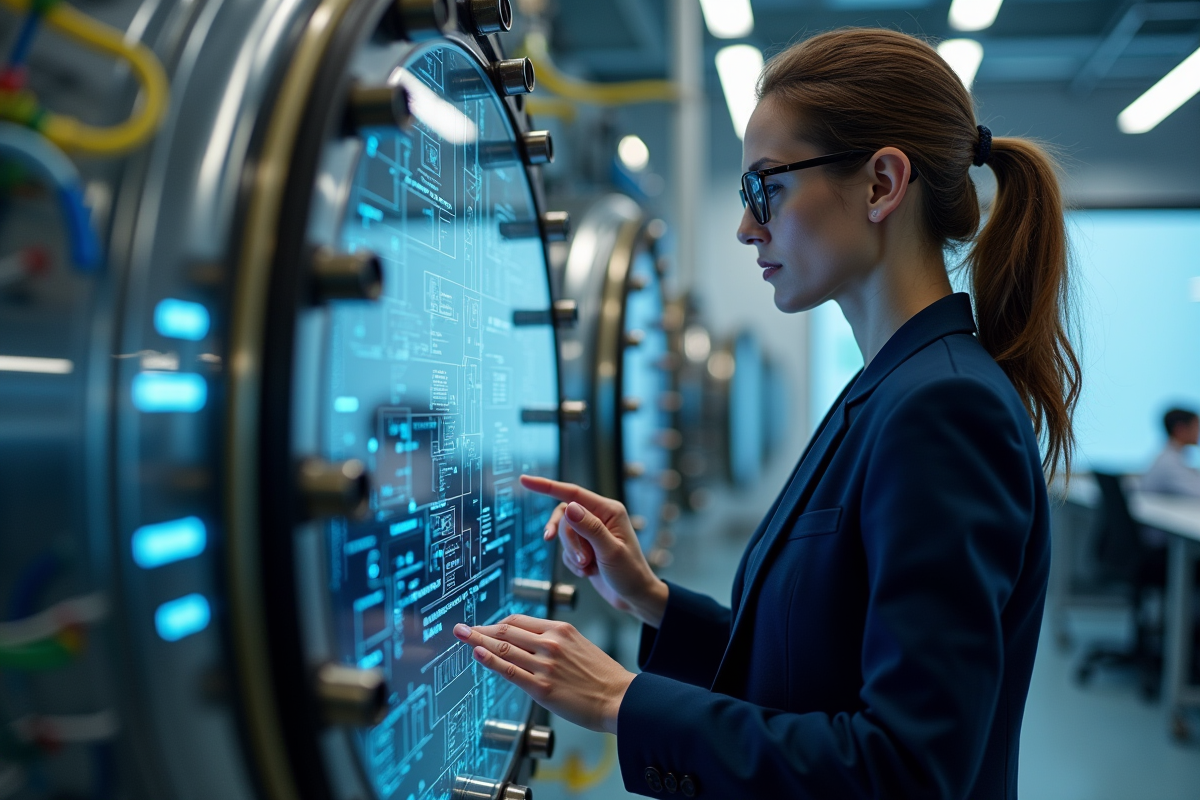 Femme en blazer navy utilisant un ordinateur quantique dans un laboratoire