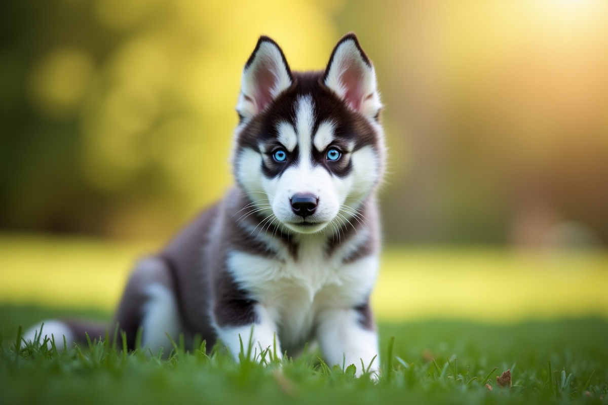 Chiot husky sibérien assis sur l'herbe verte en plein jour