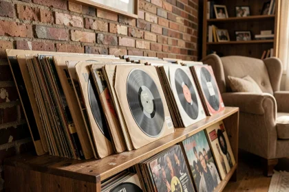 Collection de vinyles 33, 45 et 78 tours classés sur une étagère en bois vintage dans un salon chaleureux