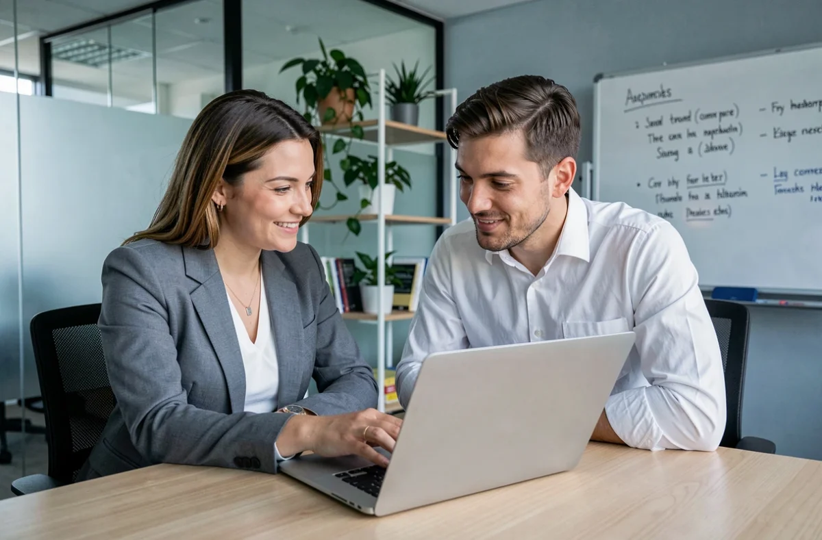 Deux collègues activant ensemble un accès abonnement business gratuit sur un ordinateur en open space