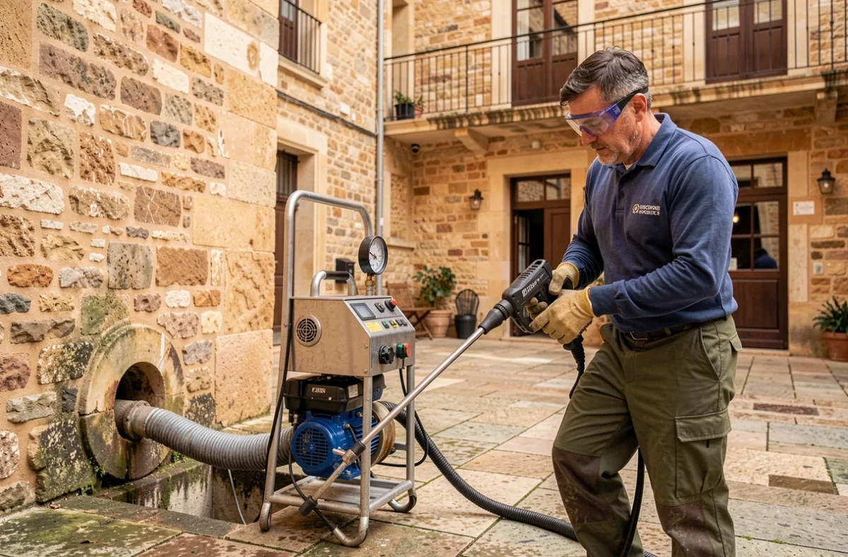 Spécialiste Compagnie des Déboucheurs utilisant une machine haute pression pour déboucher un drain dans une cour en pierre à Avignon