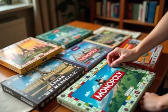 Comparaison de plusieurs éditions du Monopoly villes et régions françaises étalées sur une table en bois