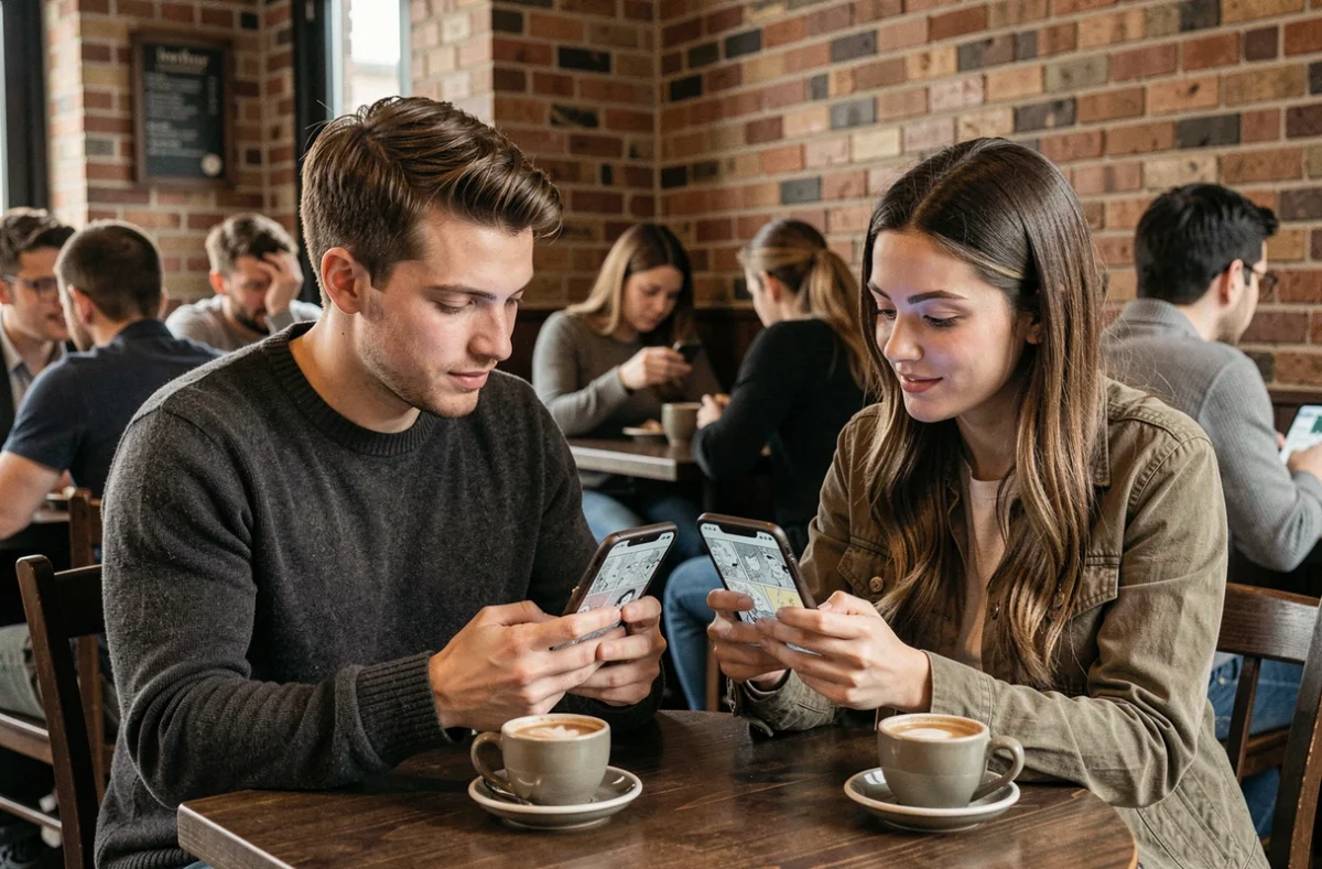 Deux amis dans un café comparant des applications de lecture de manga sur smartphone, lecture gratuite ou abonnement payant