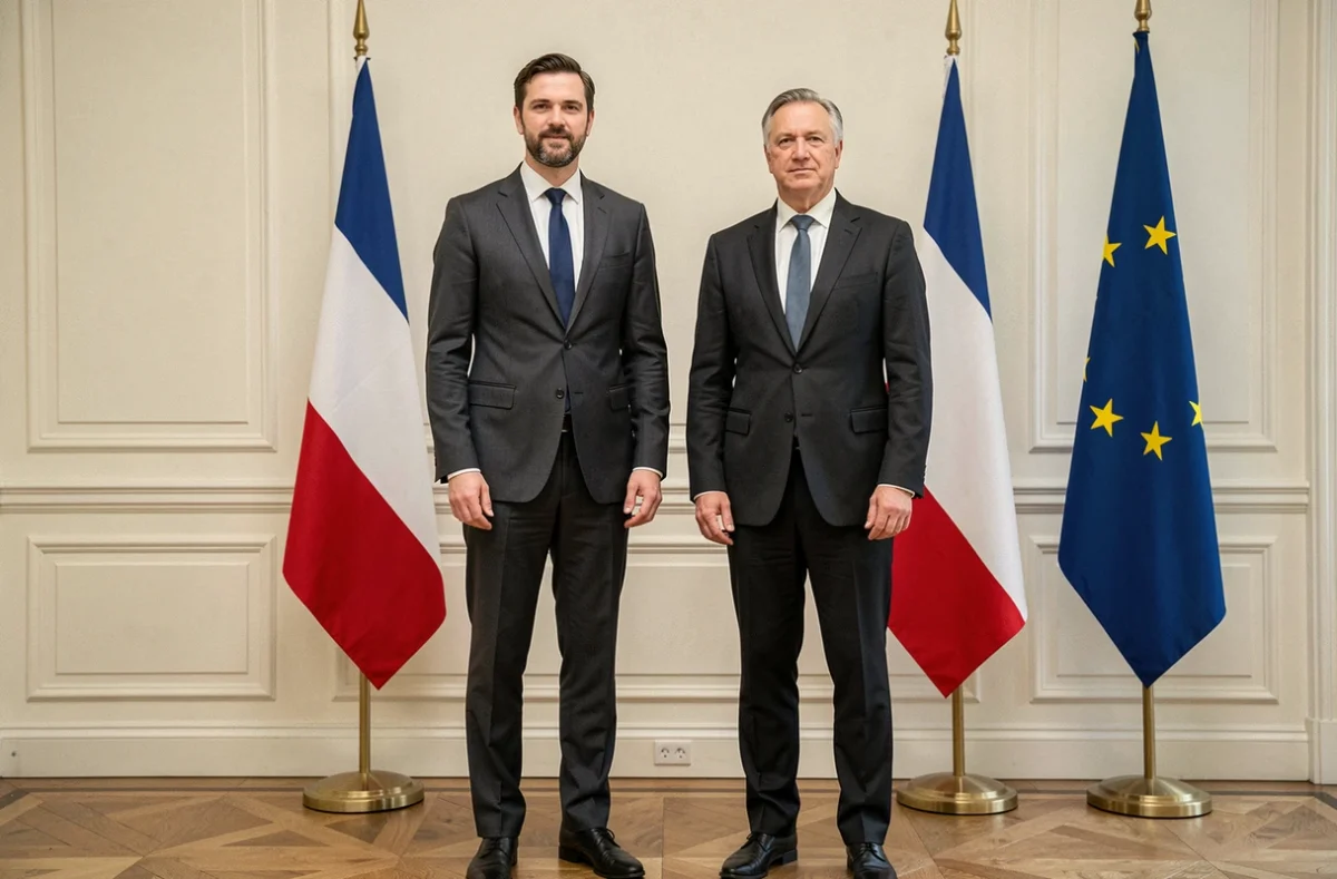 Deux diplomates en costume officiel côte à côte lors d'une réunion bilatérale, mettant en évidence la différence de taille entre personnalités politiques