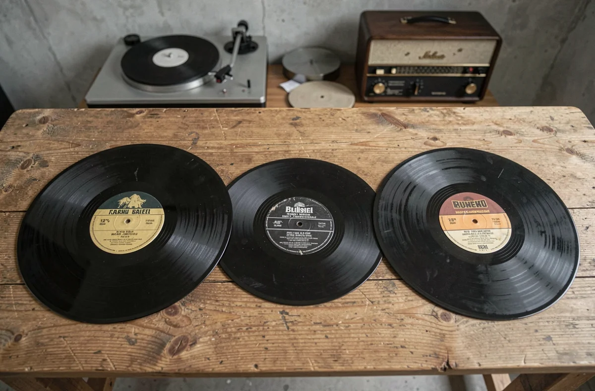 Comparaison des tailles de vinyles 33, 45 et 78 tours posés côte à côte sur une table en chêne